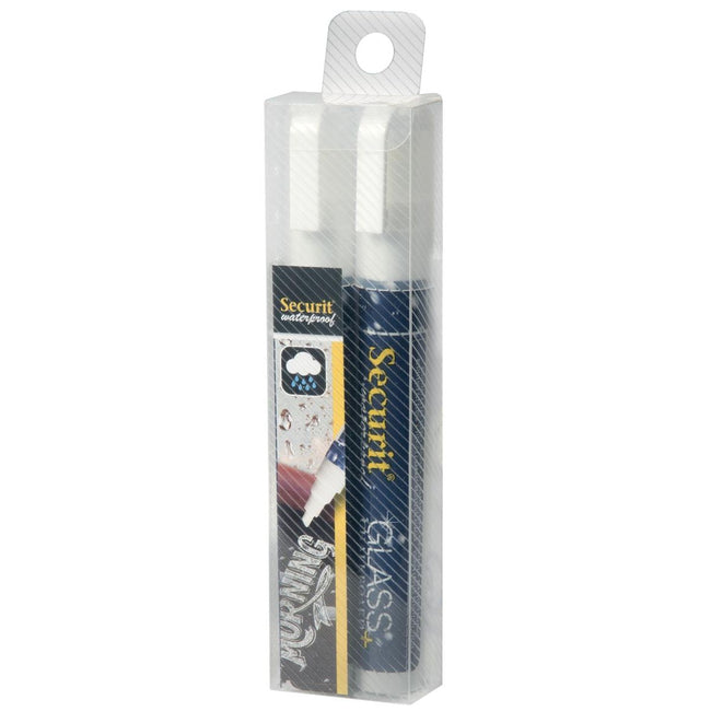 Securit - Pennarello a gesso impermeabile medio bianco, blister da 2 pezzi