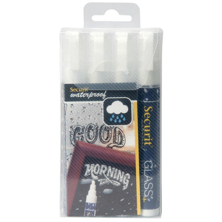 Securit - Rotulador de tiza impermeable medio blanco, blister de 4 piezas
