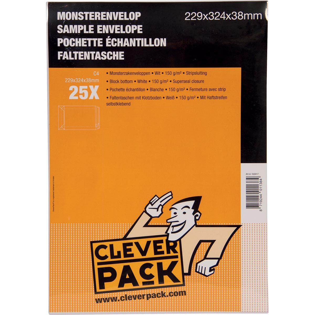 Cleverpack -  monsterenveloppen, ft 229 x 324 x 38 mm, met stripsluiting, wit, pak van 25 stuks