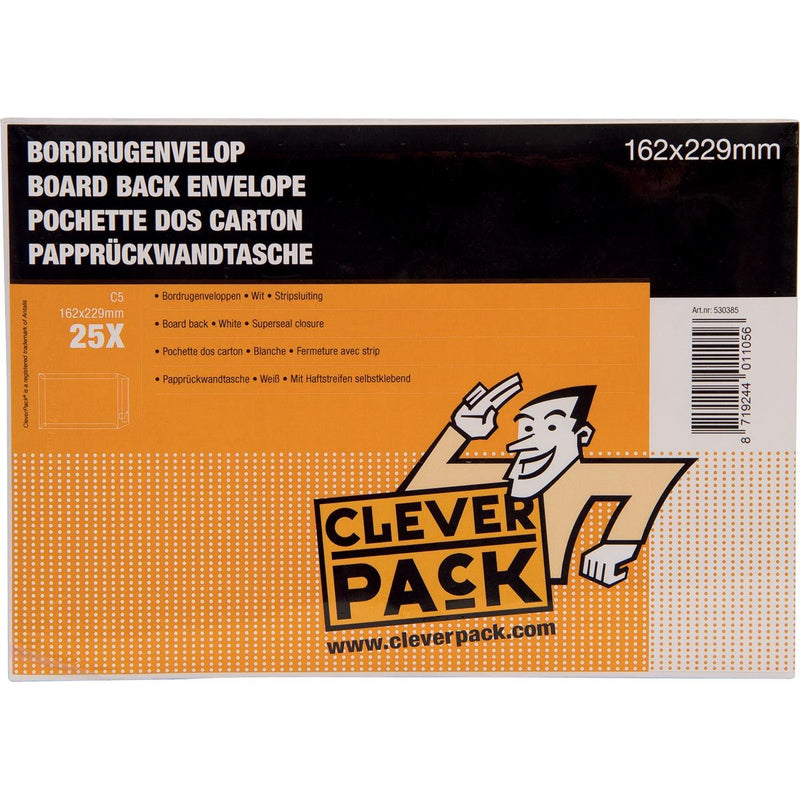 Cleverpack - board back envelopes, ft 162 x 229 mm, with strip closure, white, pack of 25