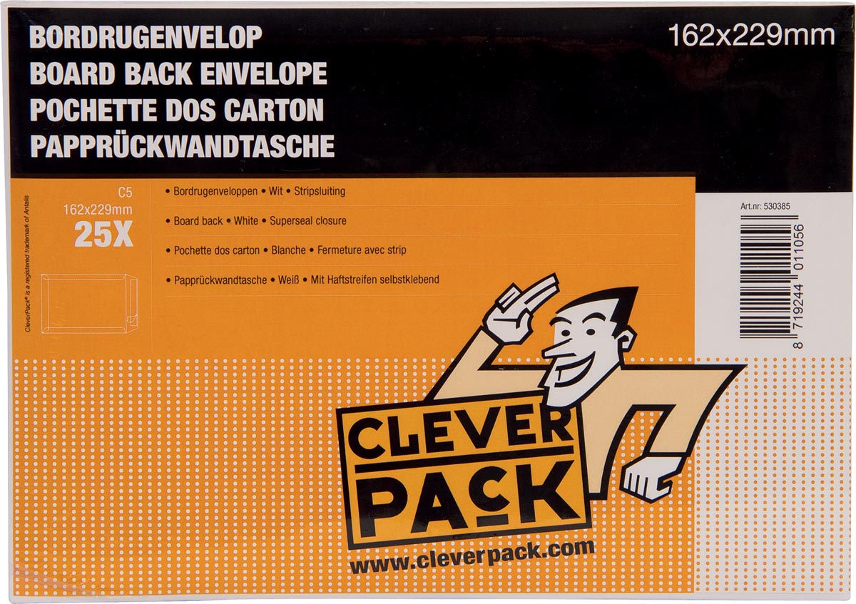 Cleverpack - board back envelopes, ft 162 x 229 mm, with strip closure, white, pack of 25
