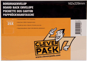 Cleverpack - board back envelopes, ft 162 x 229 mm, with strip closure, white, pack of 25
