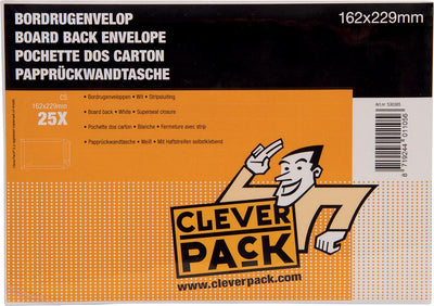Cleverpack - board back envelopes, ft 162 x 229 mm, with strip closure, white, pack of 25