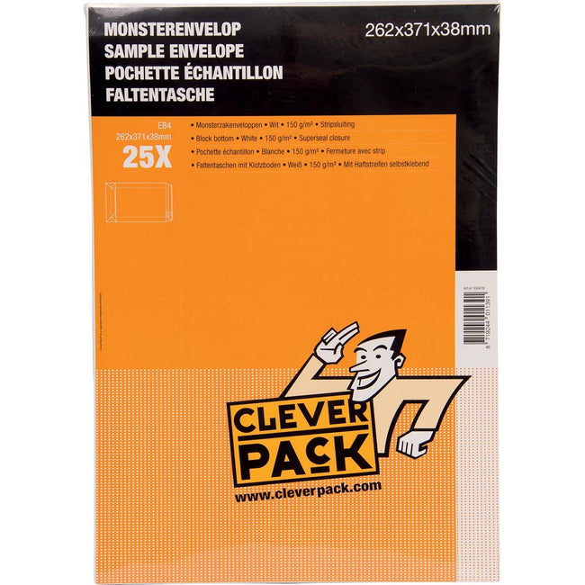 Cleverpack - Cleverpack monsterenveloppen, ft 262 x 371 x 38 mm, met stripsluiting, wit, pak van 25 stuks