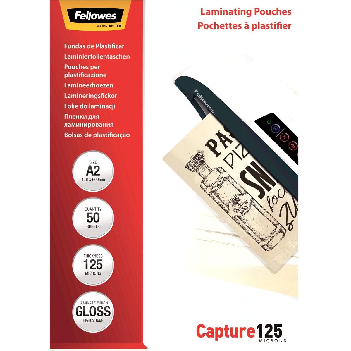 Fellowes - custodia di laminazione Capture125 ft A2, 250 micron (2 x 125 micron), confezione da 50