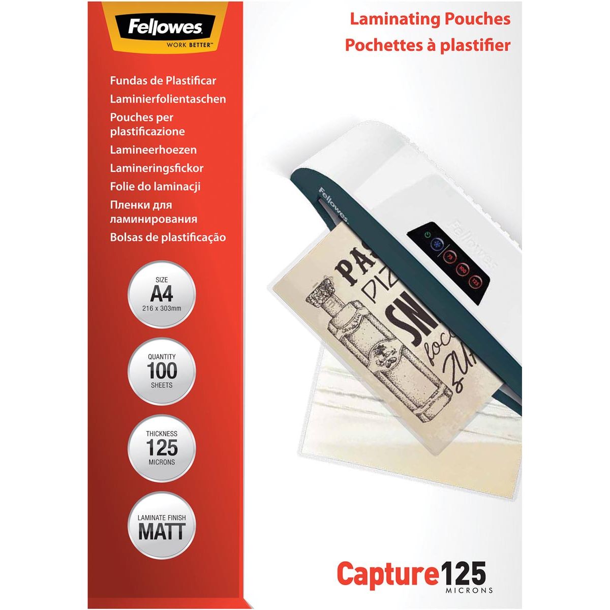 Fellowes - lamineerhoes Capture125 ft A4, 250 micron (2 x 125 micron), pak van 100 stuks, mat