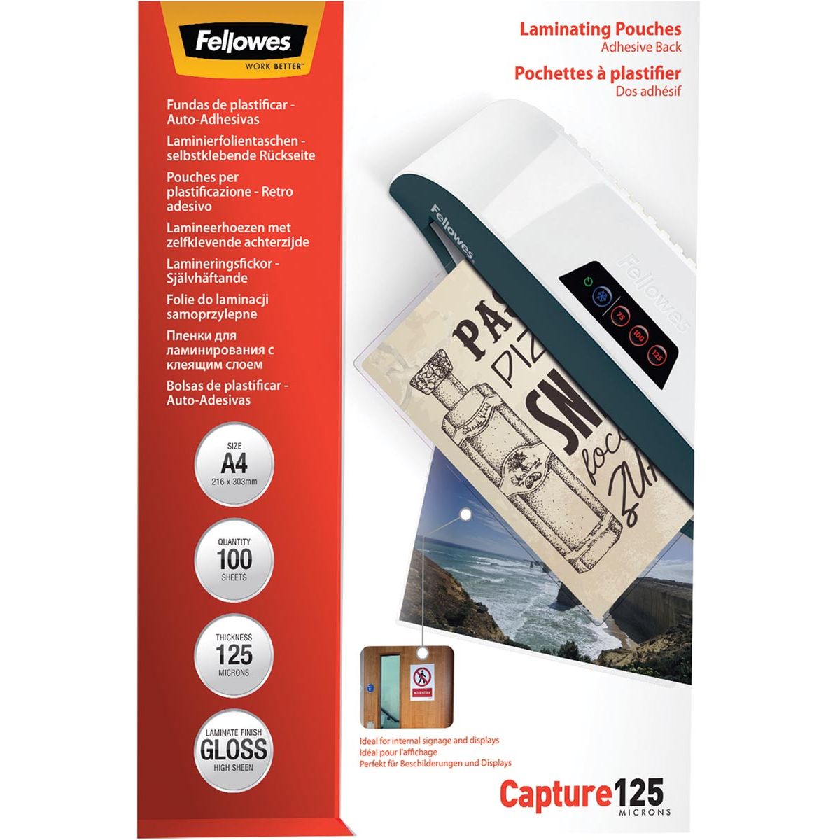 Fellowes - bolsa para plastificar Capture125 ft A4, 250 micras (2 x 125 micras), paquete de 100, autoadhesiva