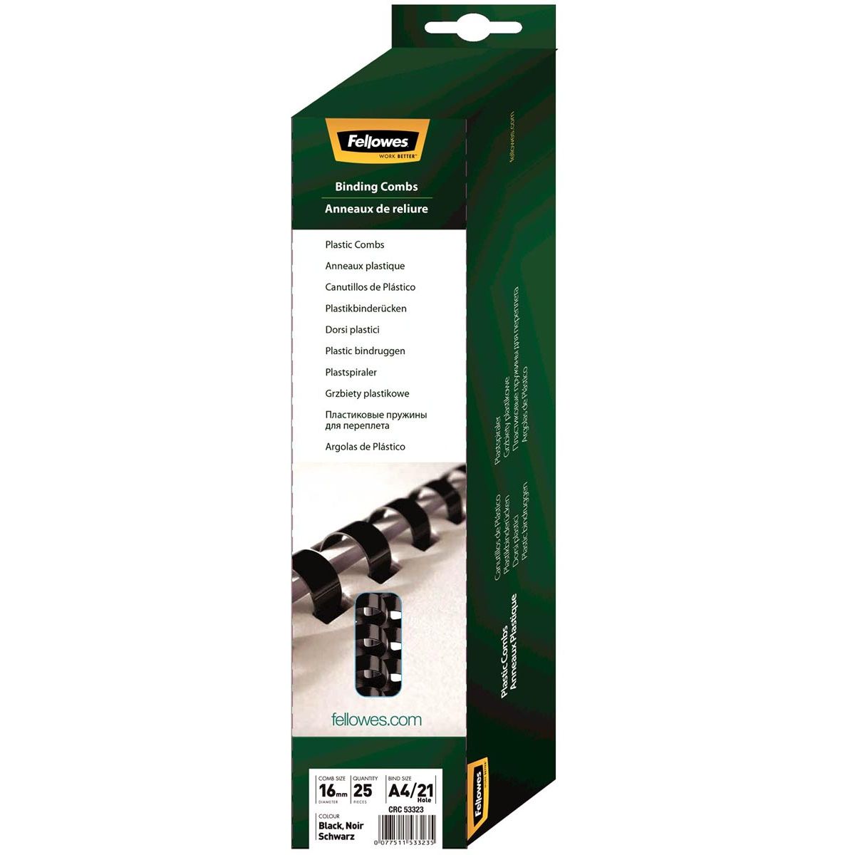 Fellowes - pettini per rilegatura, confezione da 25, 16 mm, neri