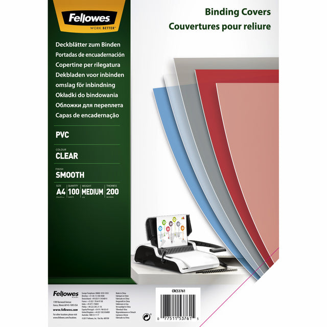 Fellowes - omslagen, ft A4, PVC, 200 micron, pak van 100 stuks, transparant