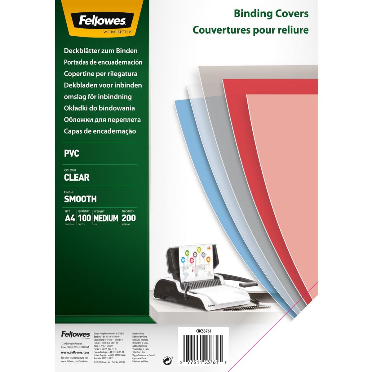 Fellowes -  omslagen, ft A4, PVC, 200 micron, pak van 100 stuks, transparant
