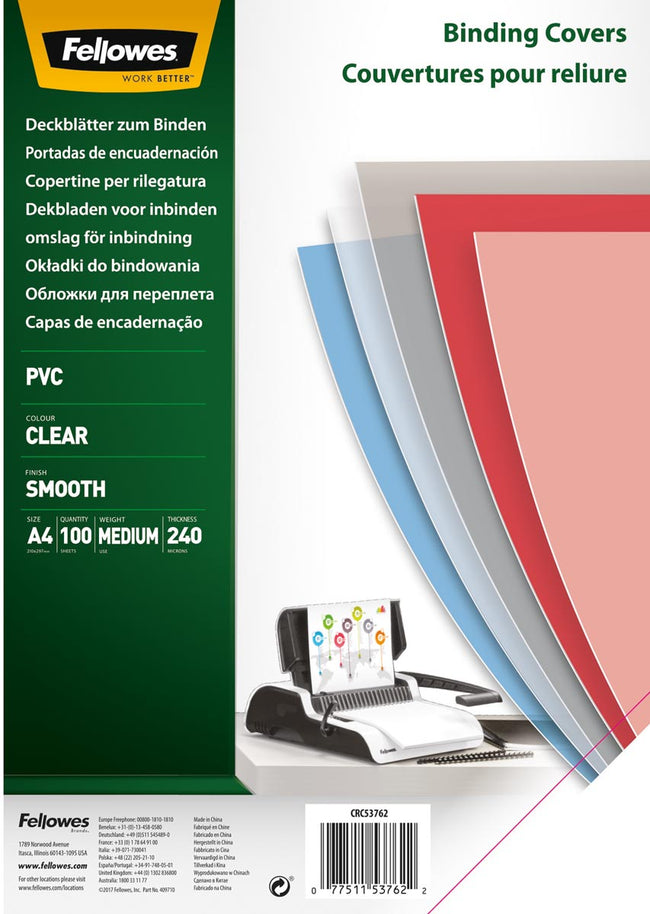 Fellowes - Copertina a4 PVC 240micron trasparente