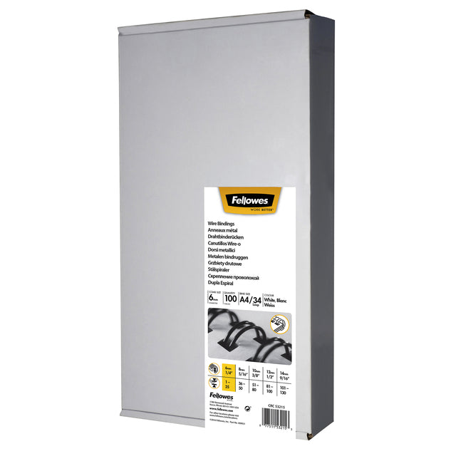 Fellowes - Draadrug 6mm 34-rings A4 wit 100 stuks