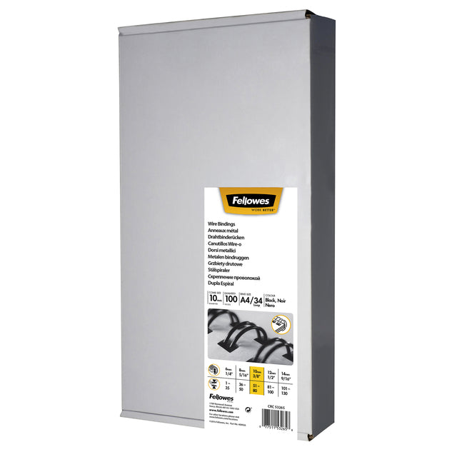 Fellowes - draadruggen, doos van 100 stuks, 10 mm, zwart