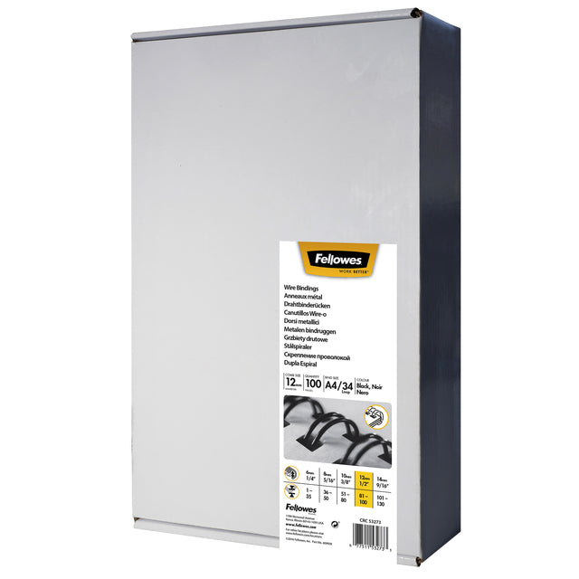 Fellowes - draadruggen, doos van 100 stuks, 12 mm, zwart