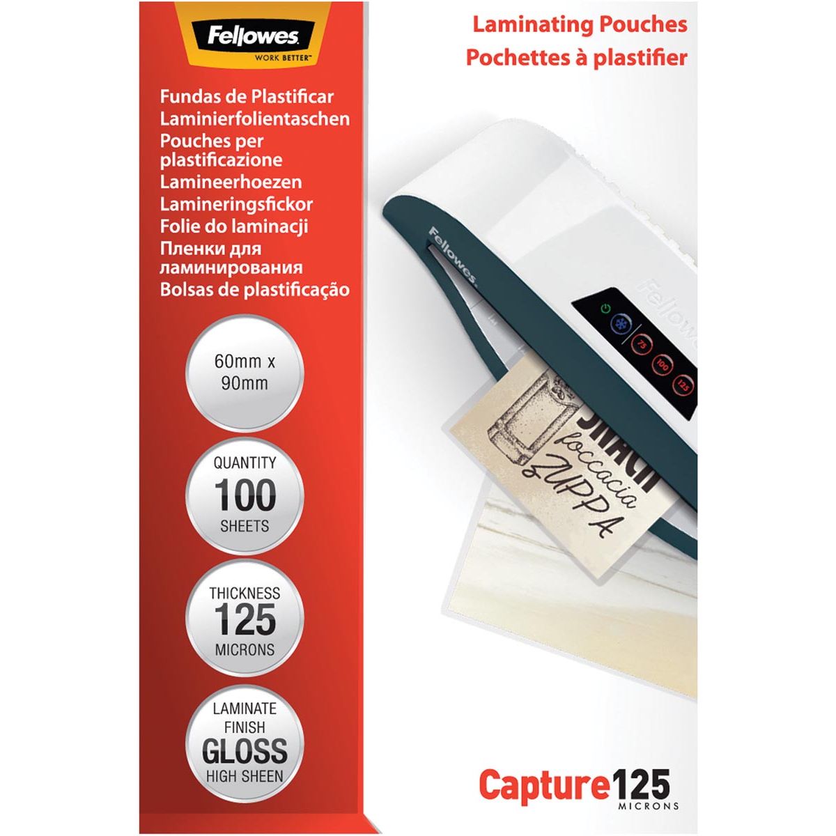 Fellowes - Lamining Cover Capture125 ft 60 x 90 mm, 250 Mikrometer (2 x 125 Mikrometer), Packung von 100 Teilen