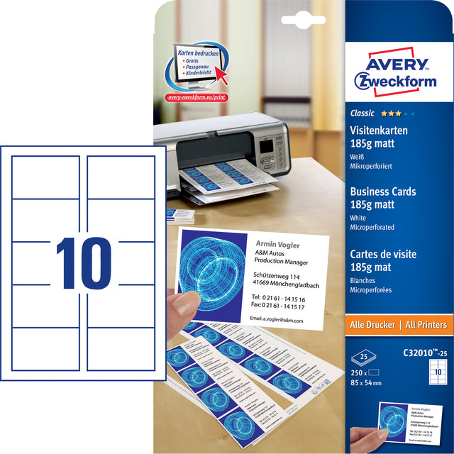 Avery - AVERY visitekaarten 185 g/m², 10 per blad, 250 stuks