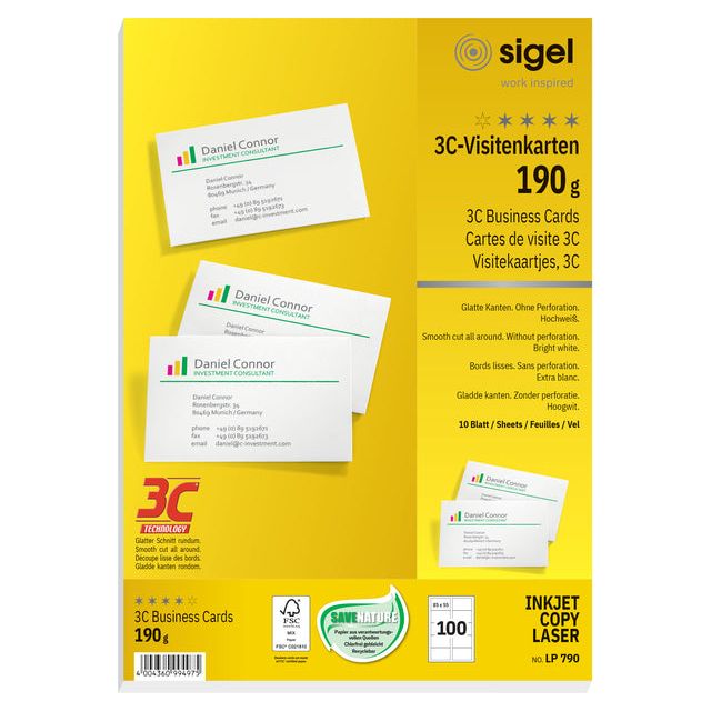 SIGEL - Carte de visite SIGEL 85X55MM BLANCO 190GR BLANC | Pack de 10 feuilles