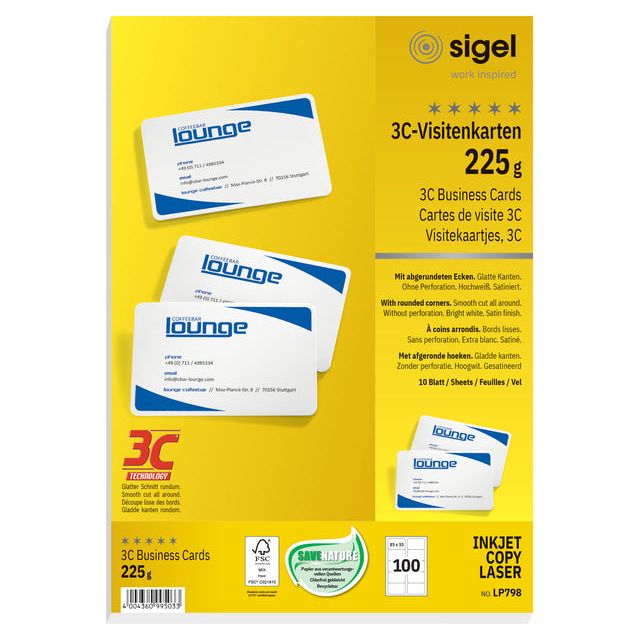 Visitenkarte Sigel 85x55mm Blanco 225gr Runde Ecken weiß 100 Stück