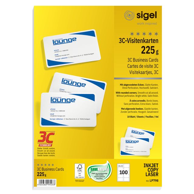 Sigel - Business card 85x55mm blank 225gr round corners white 100 pieces