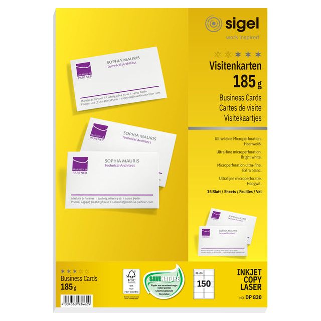 Sigel - Visitenkarte Sigel 85x55mm Blanco 185gr Weiß | Pack von 15 Blättern