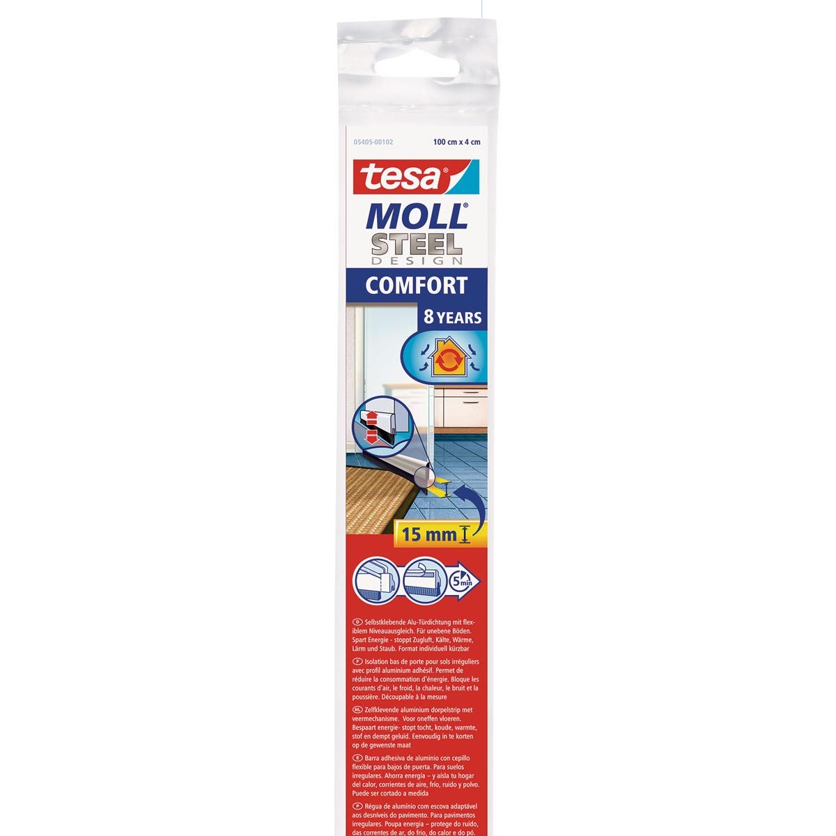 Tesa - Moll Comfort dorpelstrip met veersysteem, 1 m x 40 mm, RVS