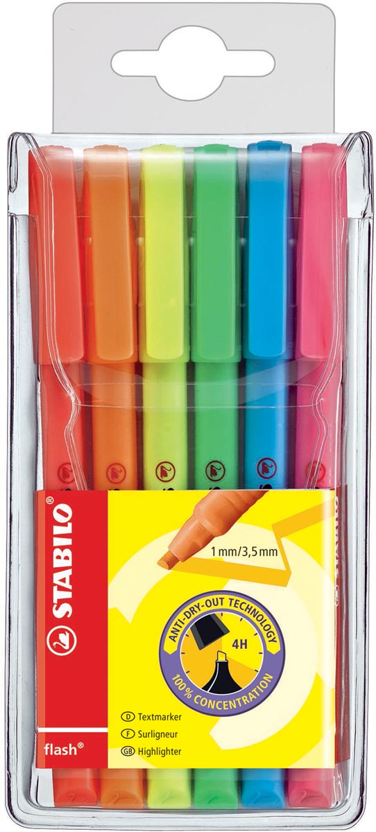 STABILO -  flash markeerstift, etui van 6 stuks in geassorteerde kleuren