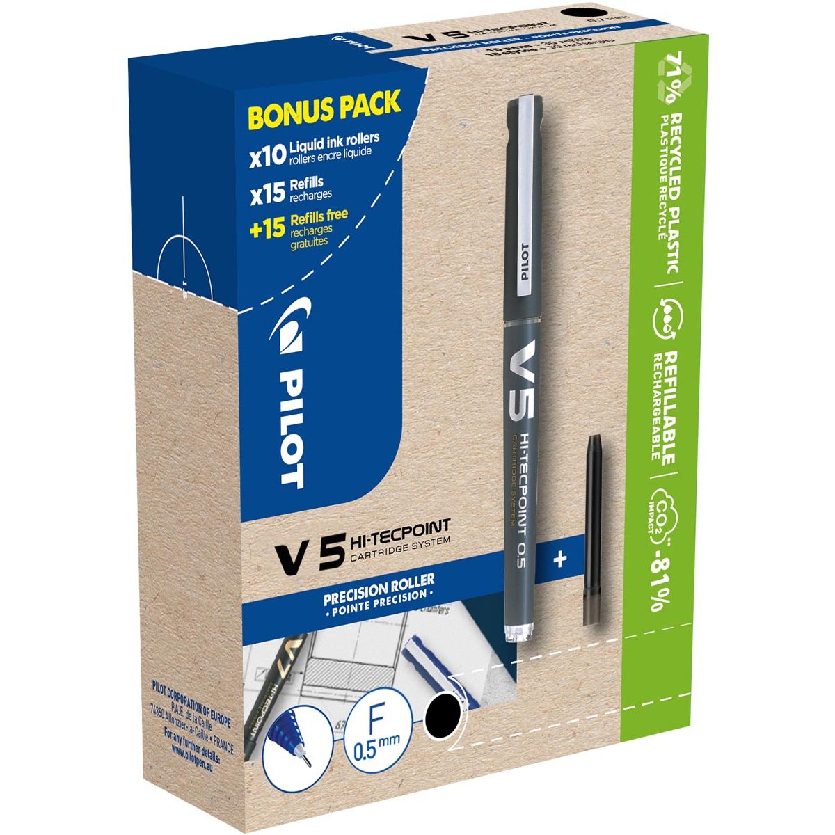 Pilot -  Hi-Tecpoint V5, 10 rollers + 30 vullingen, fijn, zwart