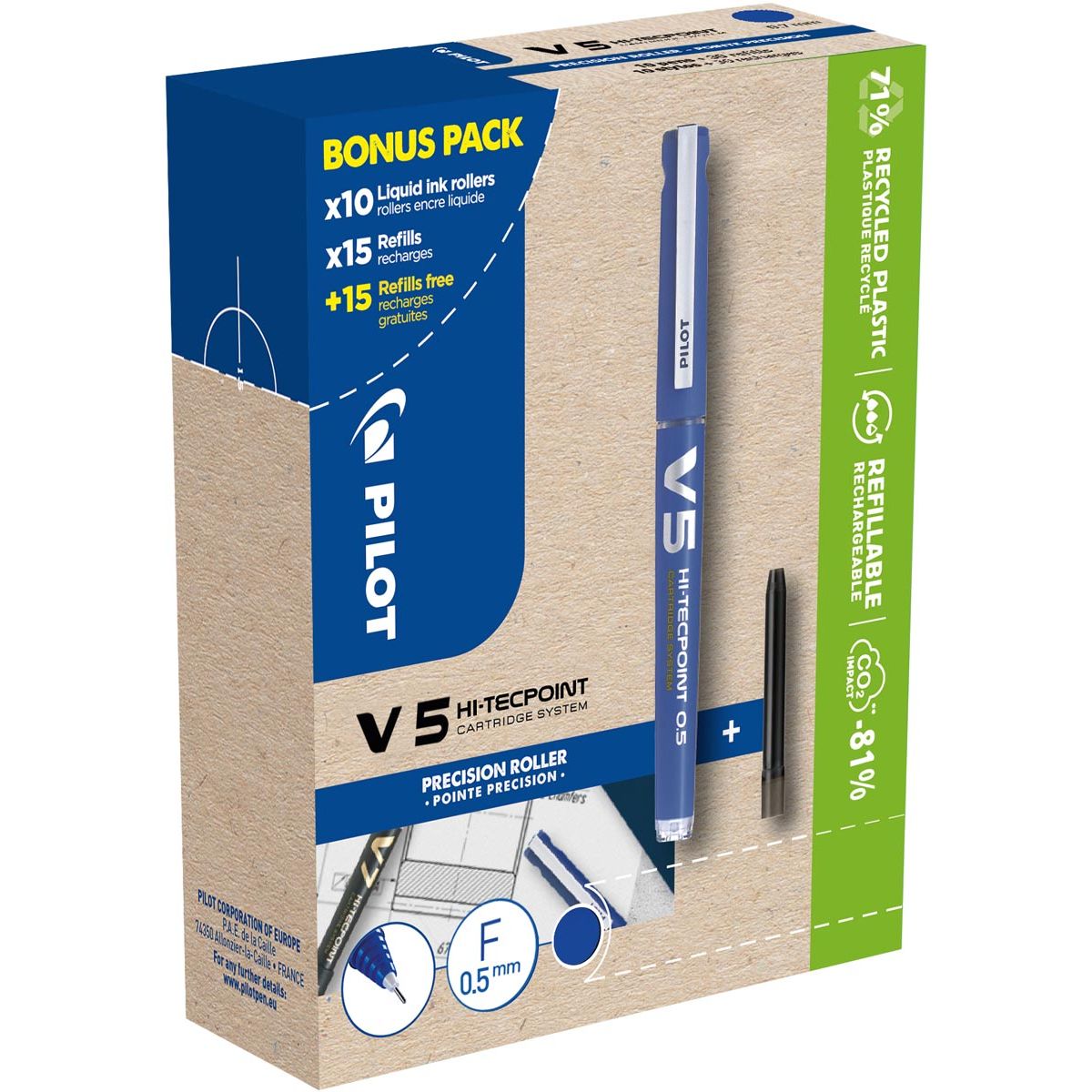 Pilot - Hi-Tecpoint V5, 10 rollers + 30 refills, fine, blue