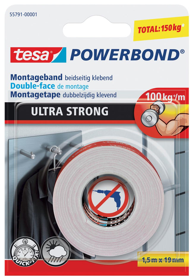 Tesa - Adhesive tape ® Powerbond Ultra Strong double-sided 1.5mx19mm white
