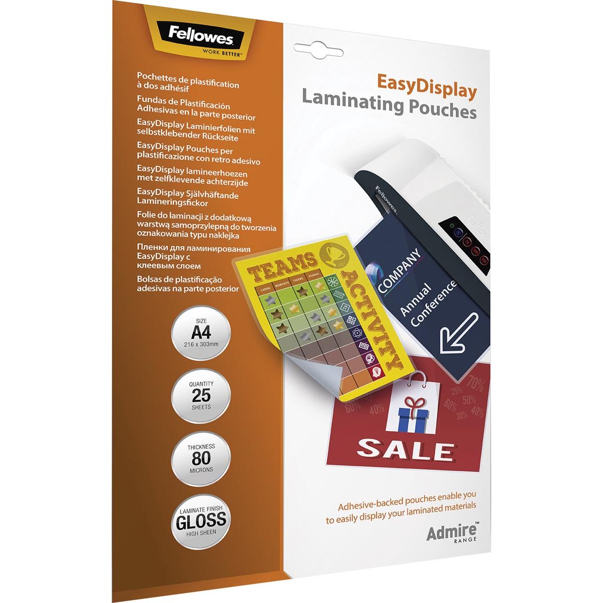 Fellowes - Pochettes de plastification Admire EasyDisplay, Enhance80, ft A4, 160 microns (2 x 80 microns), paquet de 25