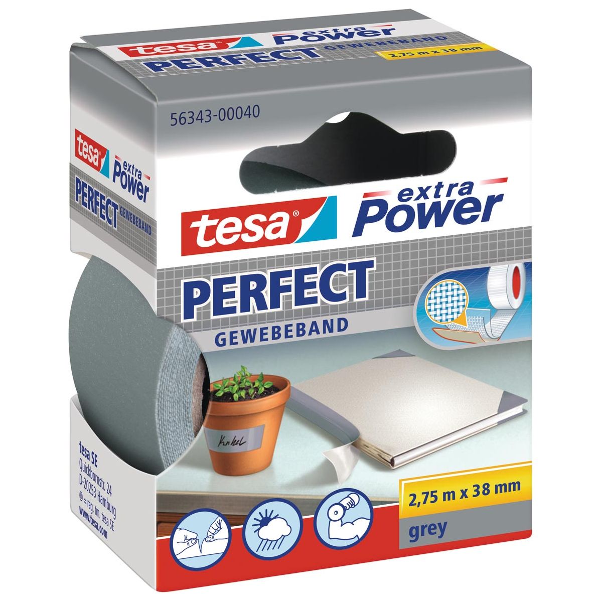 Tesa - extra Power Perfect, ft 38 mm x 2,75 m, grijs