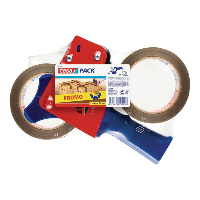 Tesa - afroller voor verpakkingsplakband van maximum 50 mm, inclusief 2 rollen PP e ft 50 mm x 66 m