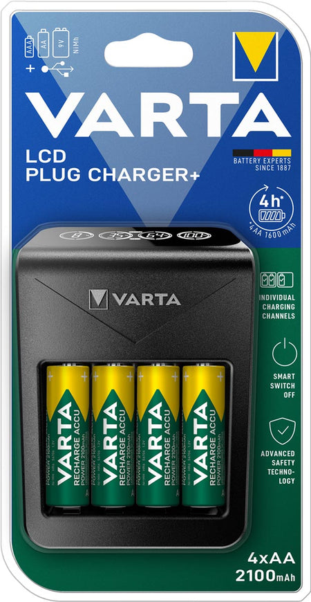 Varta -  batterijlader LCD Plug Charger+, inclusief 4 x AA batterij, op blister