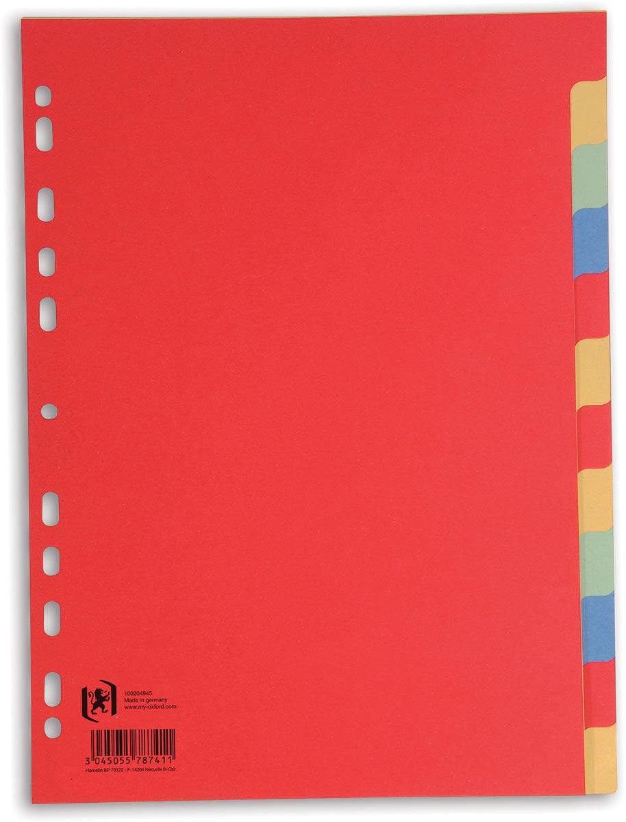Oxford - onglets, format A4, en carton, non imprimés, perforation 11 trous, couleurs assorties, 12 onglets