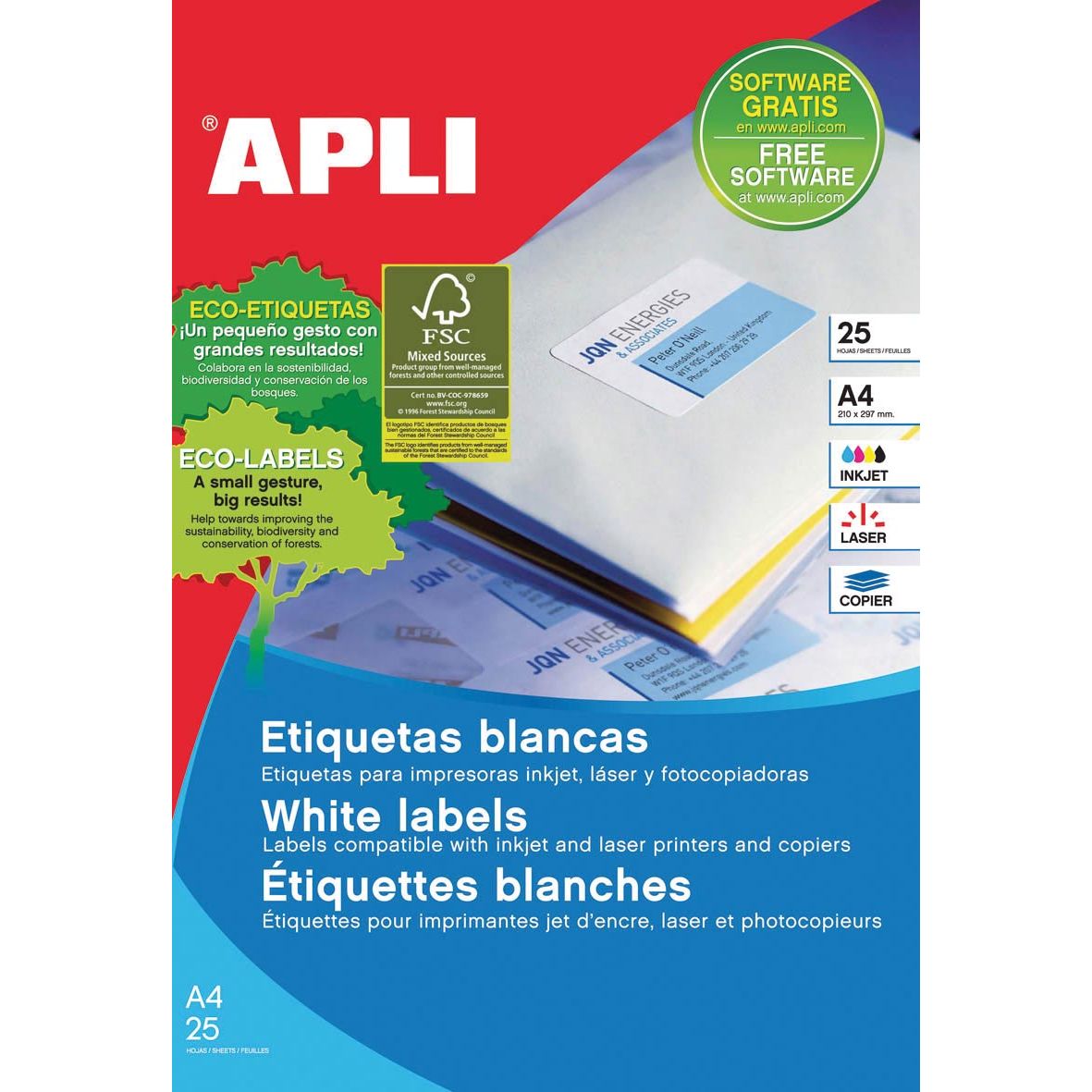 Apli -  afneembare witte etiketten ft 25,4 x 10 mm (b x h), 4.725 stuks, 189 per blad etui van 25 blad