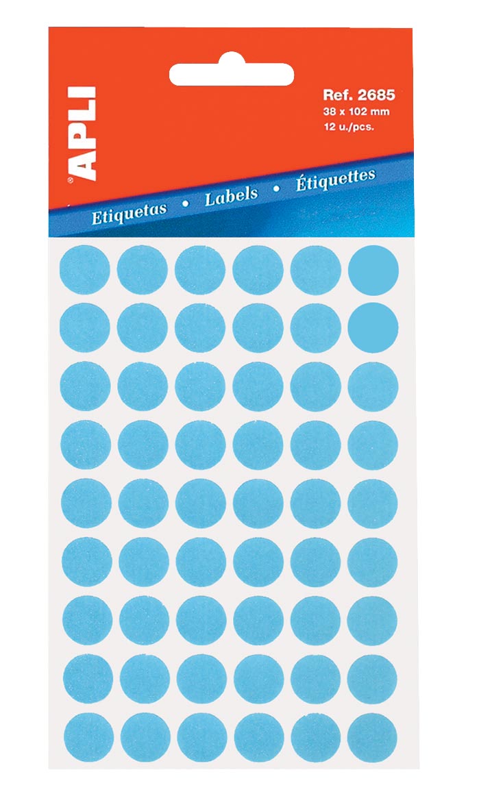 Apli - Round labels in case, diameter 13 mm, blue, 175 pieces, 35 per sheet (2056)