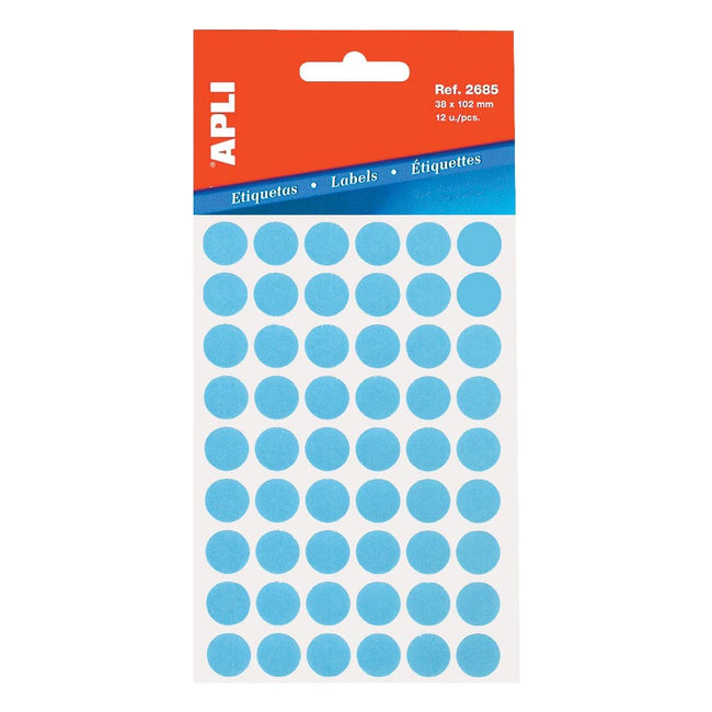 Apli - ronde etiketten in etui diameter 13 mm, blauw, 175 stuks, 35 per blad (2056)