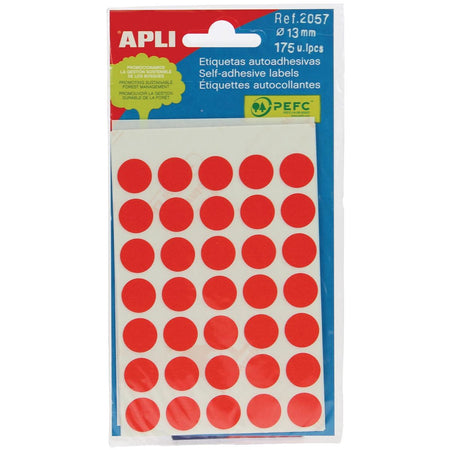 Apli - etiquetas redondas en estuche diámetro 13 mm, rojas, 175 piezas, 35 por hoja (2057)