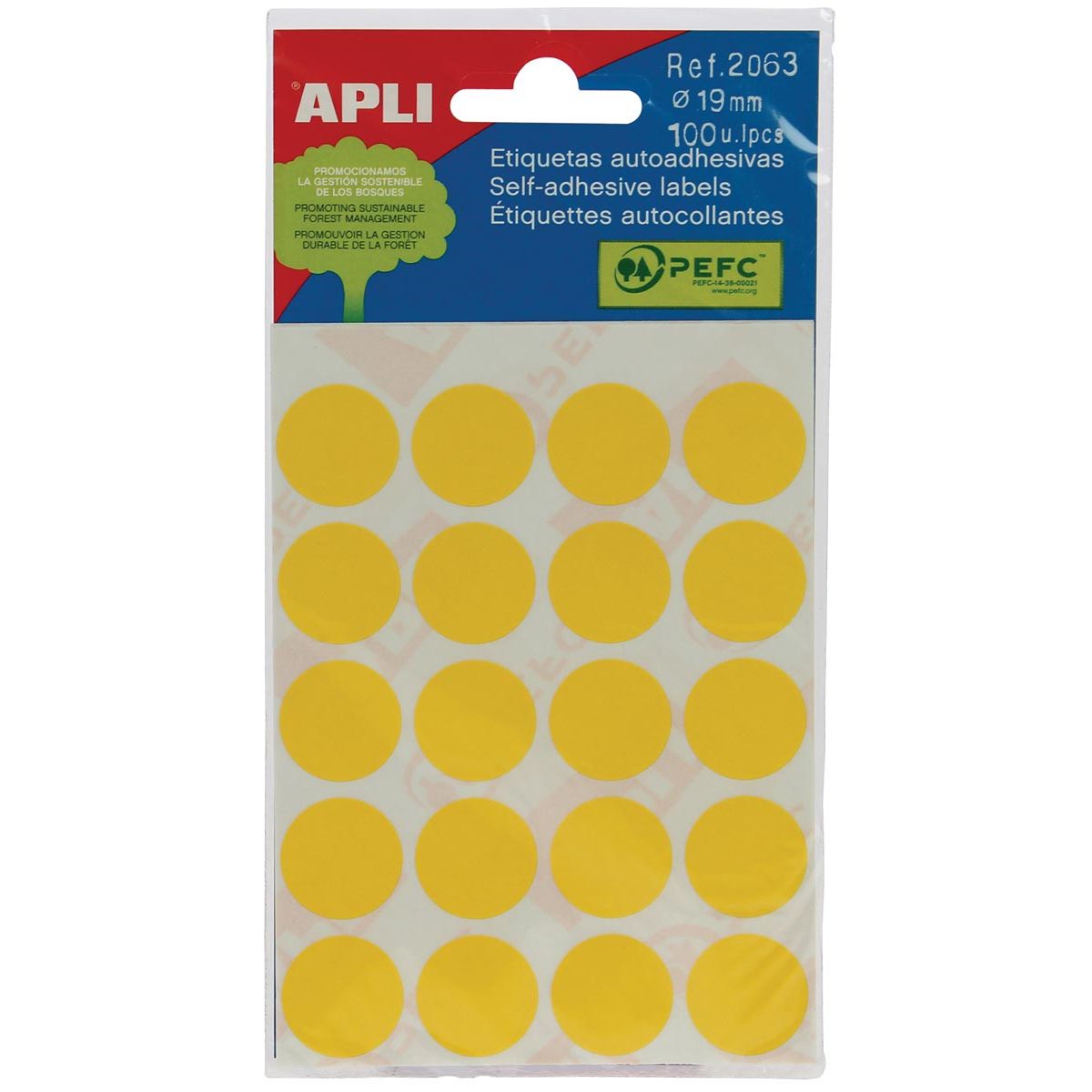 Apli - round labels in case diameter 19 mm, yellow, 100 pieces, 20 per sheet (2063)