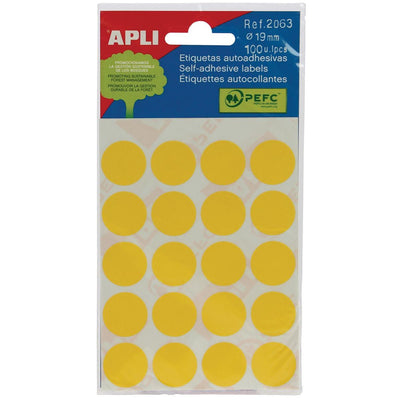 Apli -  ronde etiketten in etui diameter 19 mm, geel, 100 stuks, 20 per blad (2063)
