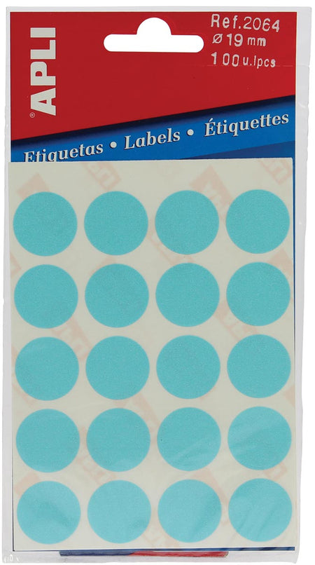 Apli - round labels in case diameter 19 mm, blue, 100 pieces, 20 per sheet (2064)