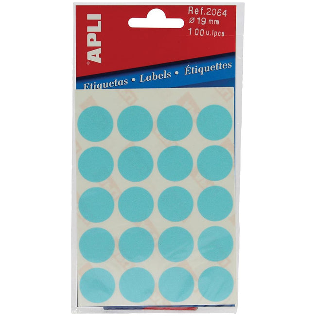 APLI - Runde Etiketten im Taschendurchmesser 19 mm, blau, 100 Stück, 20 pro Blatt (2064)