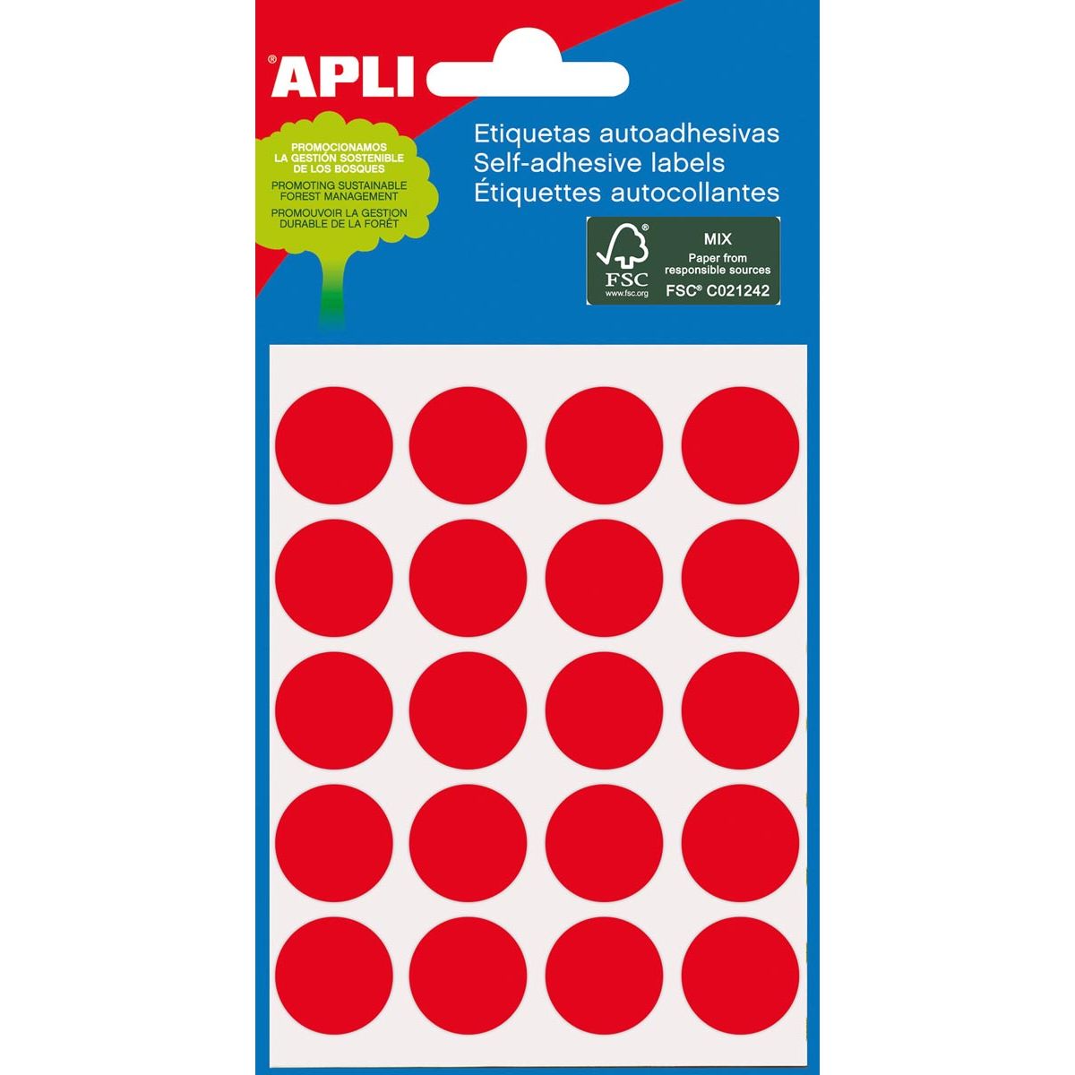 Apli - ronde etiketten in etui diameter 19 mm, rood, 100 stuks, 20 per blad (2065)