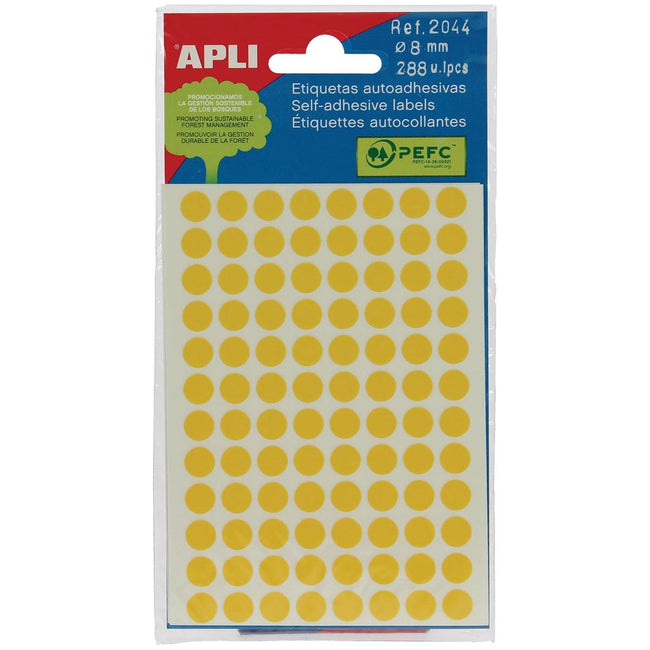 Apli - Étiquettes rondes en diamètre de poche 8 mm, jaune, 288 pièces, 96 par feuille (2044)