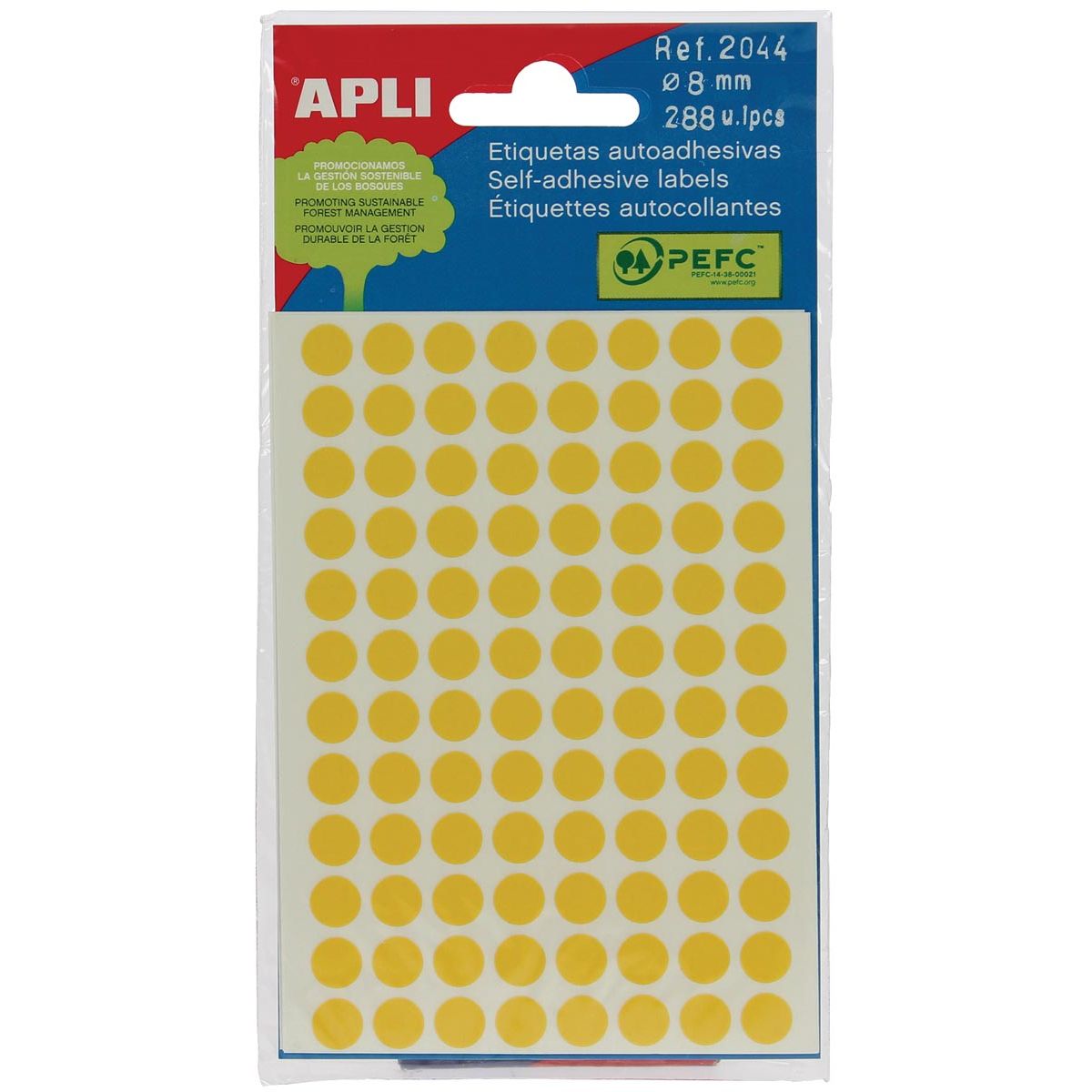 Apli - round labels in case diameter 8 mm, yellow, 288 pieces, 96 per sheet (2044)