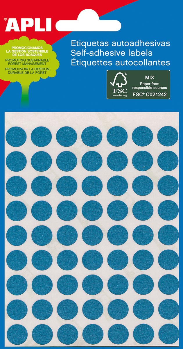 Apli -  ronde etiketten in etui diameter 8 mm, blauw, 288 stuks, 96 per blad (2045)