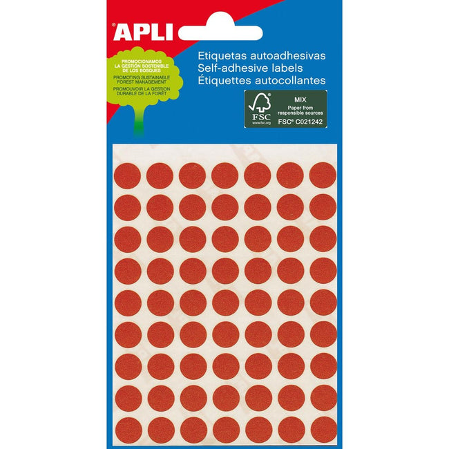 Apli - round labels in case diameter 8 mm, red, 288 pieces, 96 per sheet (2046)