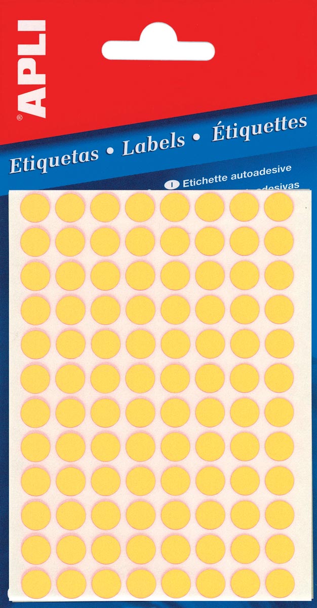 Apli - round labels in case, diameter 8 mm, fluorescent yellow, 288 pieces, 96 per sheet (2079)
