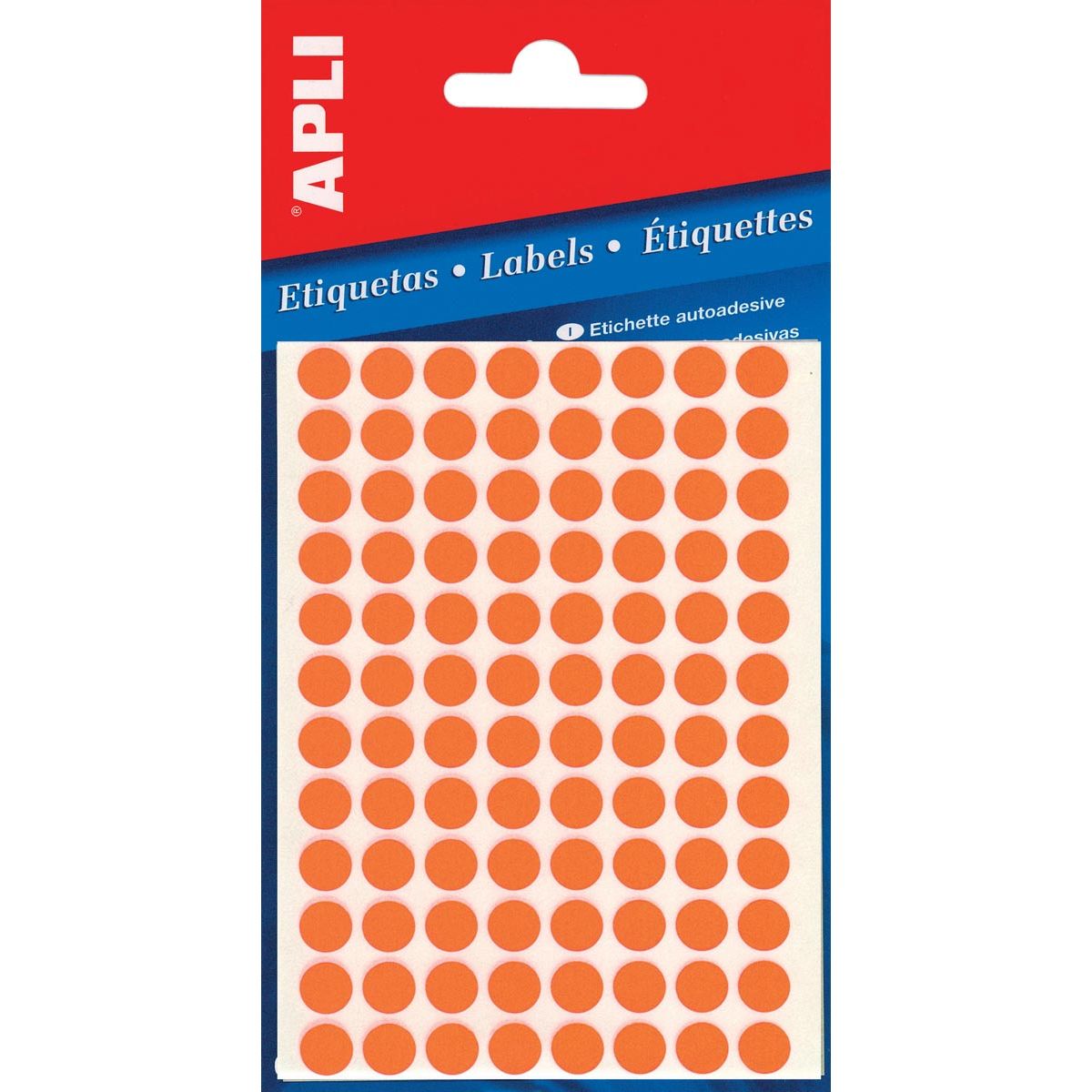 Apli - Round labels in case, diameter 8 mm, fluorescent orange, 288 pieces, 96 per sheet (2080)