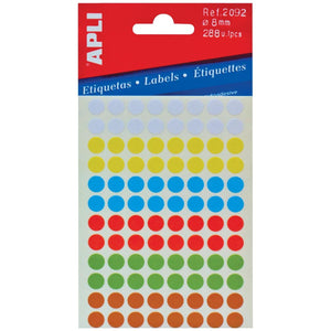 Apli - étiquettes rondes en pochette diamètre 8 mm, couleurs assorties, 288 pièces, 96 par feuille (2092)